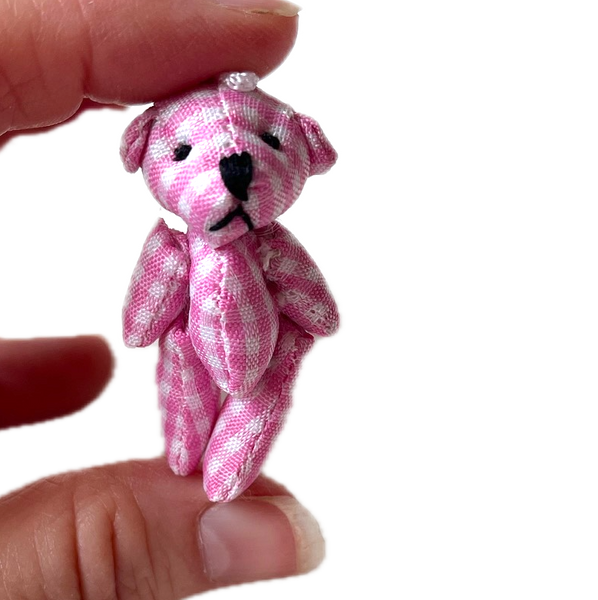 Tiny Pink Plaid Gingham Stuffed Teddy Bear Dollhouse Doll Accessory