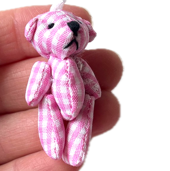 Tiny Pink Plaid Gingham Stuffed Teddy Bear Dollhouse Doll Accessory