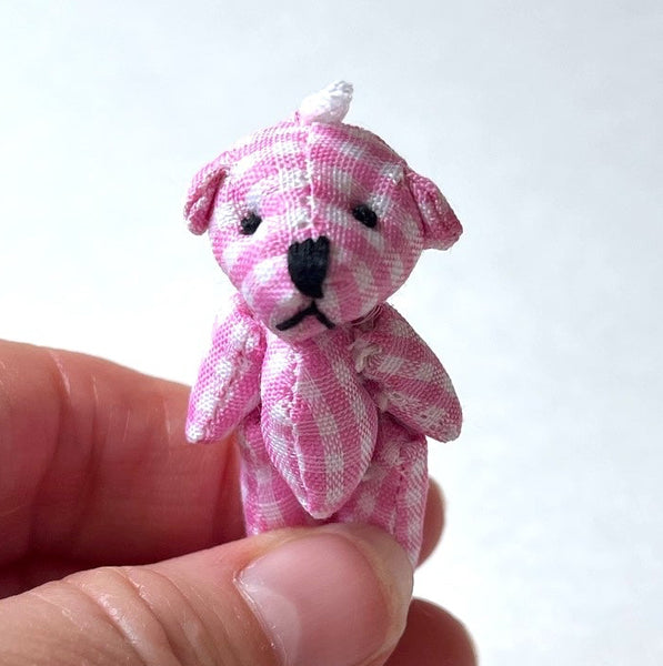 Tiny Pink Plaid Gingham Stuffed Teddy Bear Dollhouse Doll Accessory