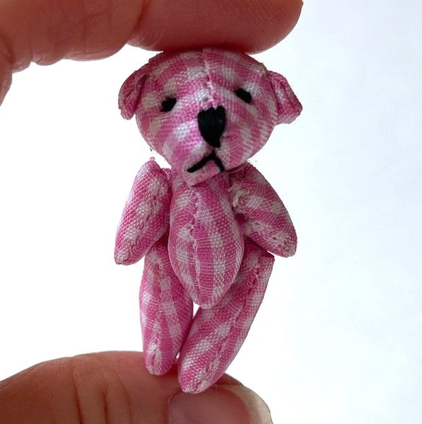Tiny Pink Plaid Gingham Stuffed Teddy Bear Dollhouse Doll Accessory