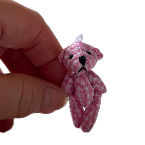 Tiny Pink Plaid Gingham Stuffed Teddy Bear Dollhouse Doll Accessory