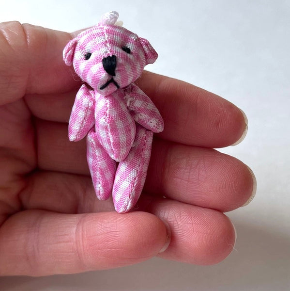 Tiny Pink Plaid Gingham Stuffed Teddy Bear Dollhouse Doll Accessory