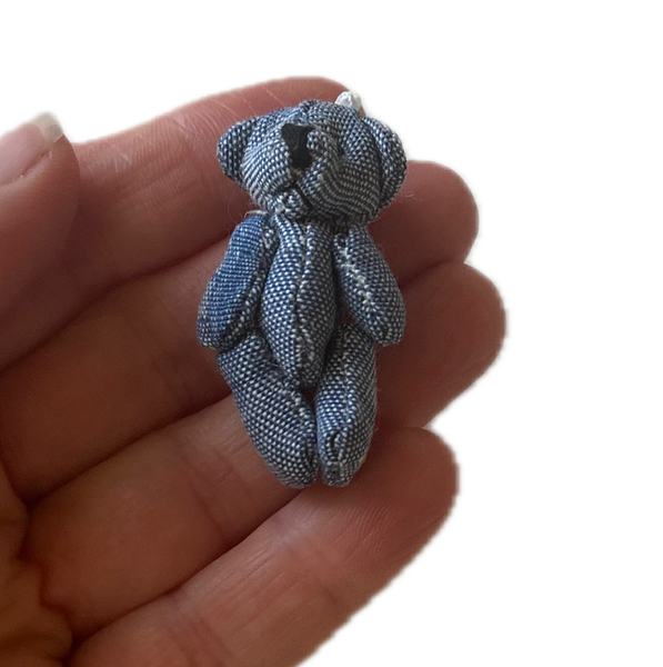 Tiny Blue Denim Stuffed Teddy Bear Dollhouse Doll Accessory