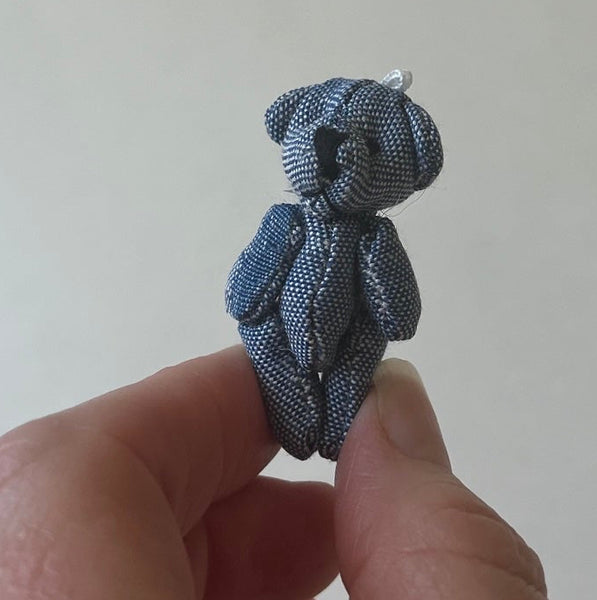 Tiny Blue Denim Stuffed Teddy Bear Dollhouse Doll Accessory