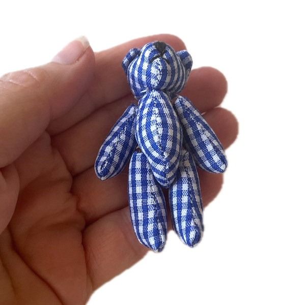 Tiny Blue Plaid Gingham Stuffed Teddy Bear Dollhouse Doll Accessory