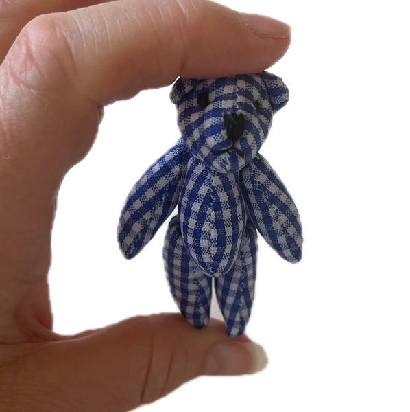 Tiny Blue Plaid Gingham Stuffed Teddy Bear Dollhouse Doll Accessory