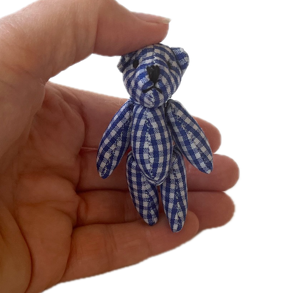 Tiny Blue Plaid Gingham Stuffed Teddy Bear Dollhouse Doll Accessory