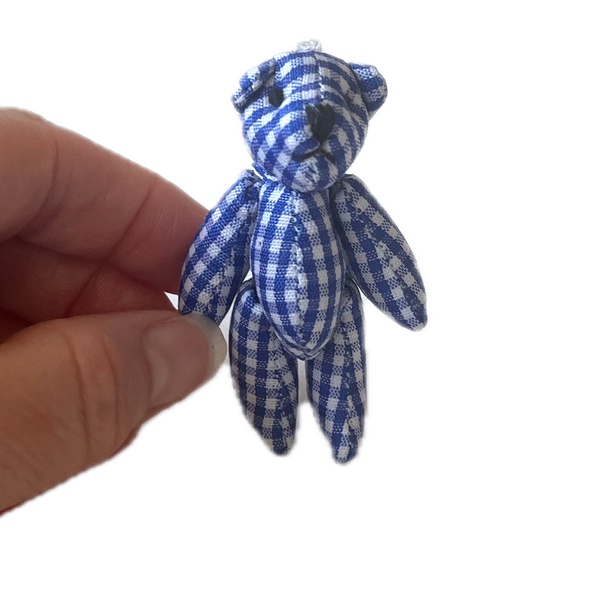 Tiny Blue Plaid Gingham Stuffed Teddy Bear Dollhouse Doll Accessory