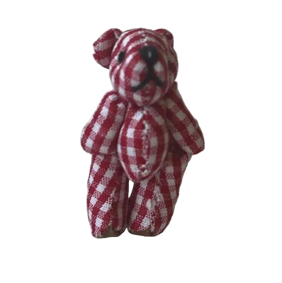 Tiny Red Plaid Gingham Stuffed Teddy Bear Dollhouse Doll Accessory