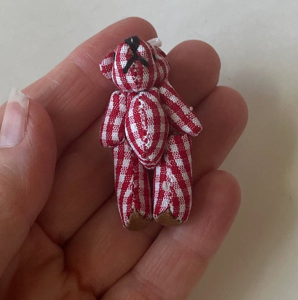 Tiny Red Plaid Gingham Stuffed Teddy Bear Dollhouse Doll Accessory