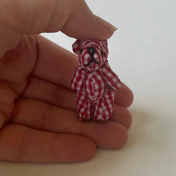 Tiny Red Plaid Gingham Stuffed Teddy Bear Dollhouse Doll Accessory