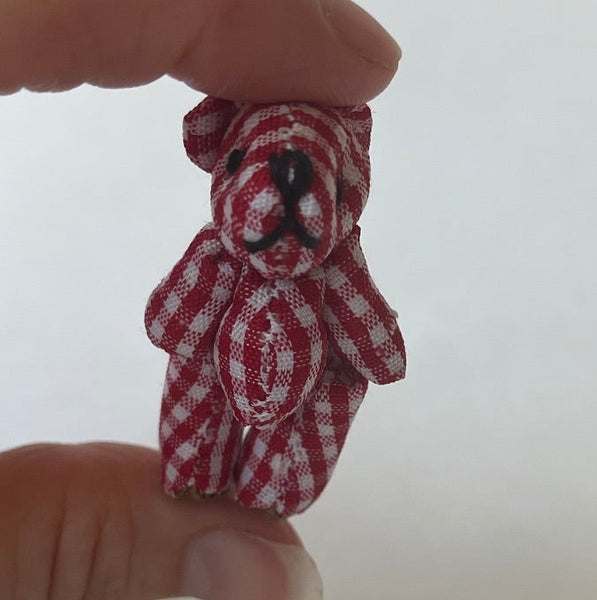Tiny Red Plaid Gingham Stuffed Teddy Bear Dollhouse Doll Accessory