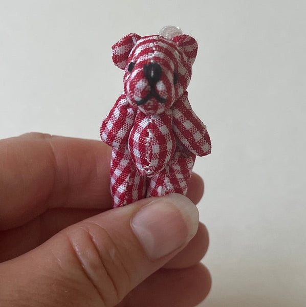 Tiny Red Plaid Gingham Stuffed Teddy Bear Dollhouse Doll Accessory