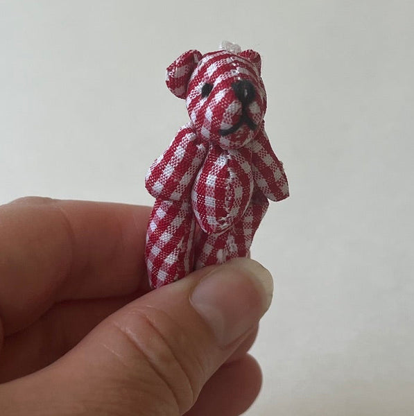 Tiny Red Plaid Gingham Stuffed Teddy Bear Dollhouse Doll Accessory