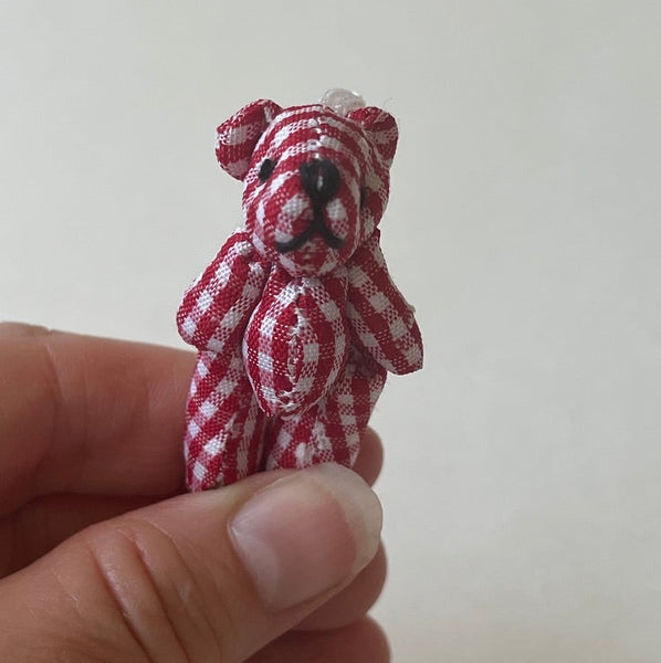 Tiny Red Plaid Gingham Stuffed Teddy Bear Dollhouse Doll Accessory