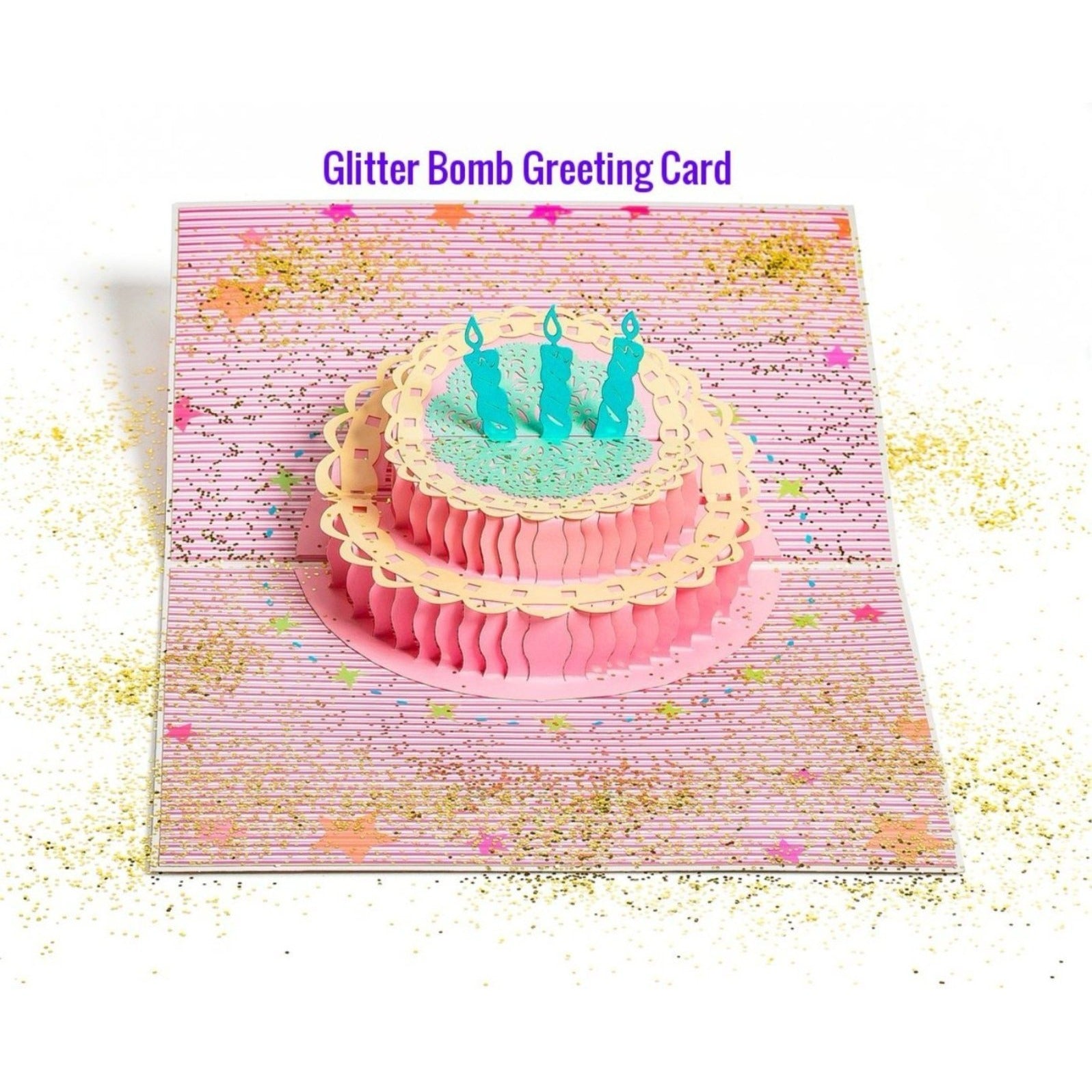 Glitter Bomb 3D Pop Up Birthday Greeting Card Cake Candles –