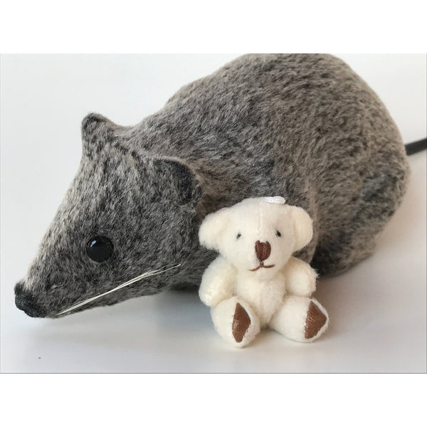 Miniature plush teddy bear white with toy mouse
